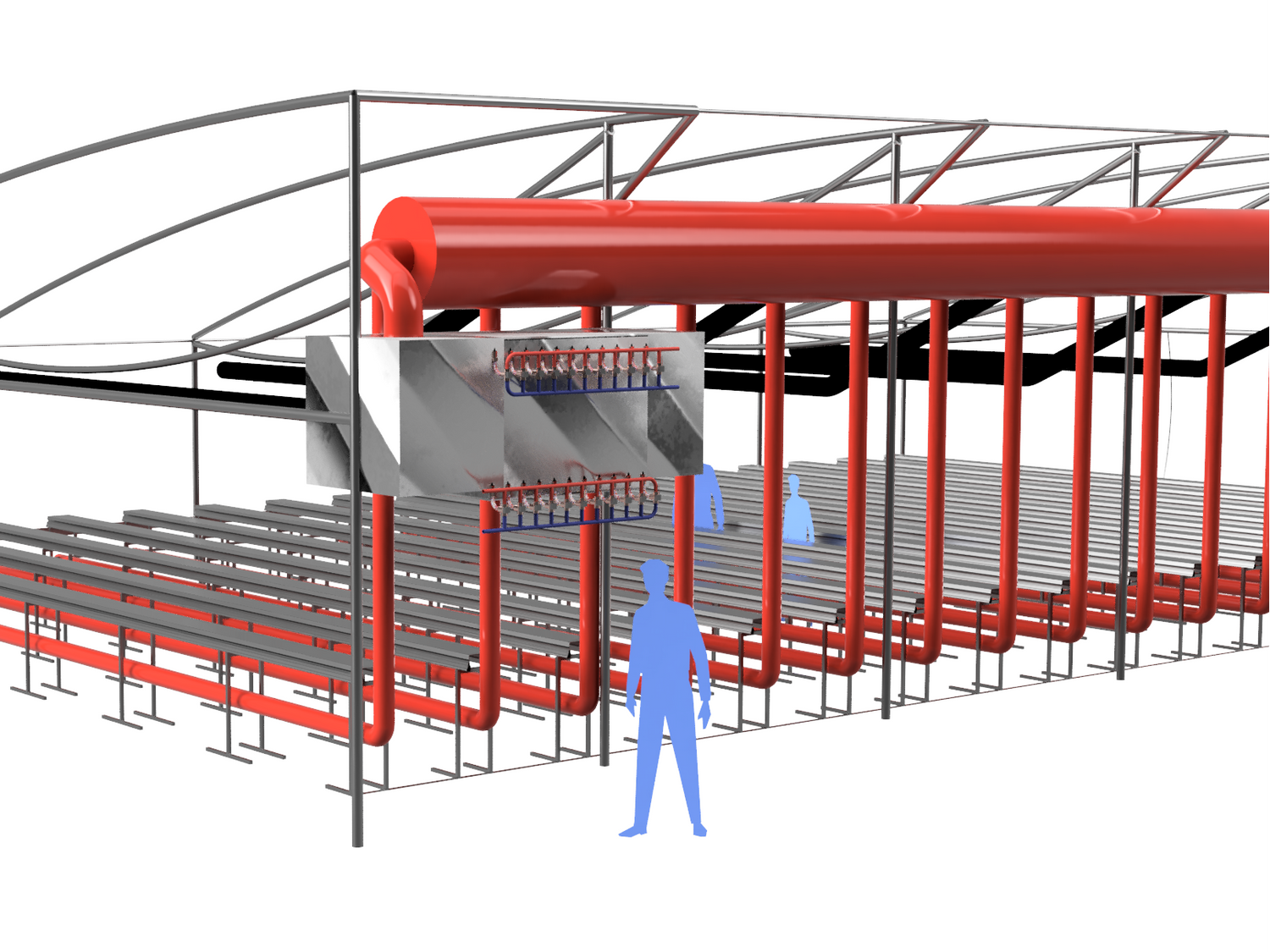 Rendering of complete hydronic heating ventilation air conditioning and dehumidification units installed in a greenhouse environment with circular ducting and a person shown for scale