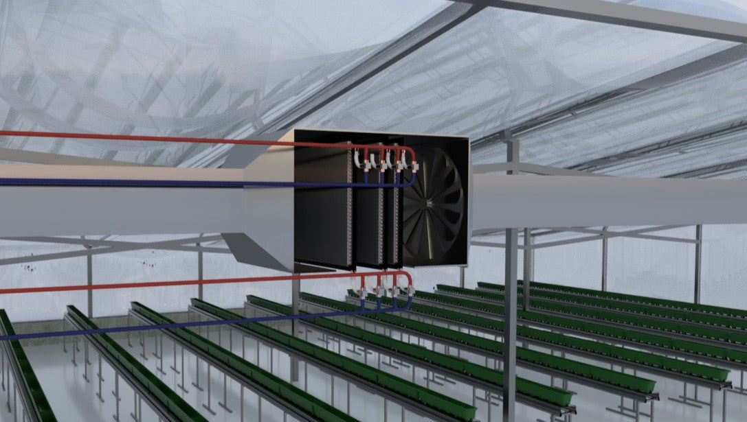 Rendering of a multi-coil hydronic H-HVAC-D unit with removable pressure-washable coils in-line with ducting and installed in a greenhouse