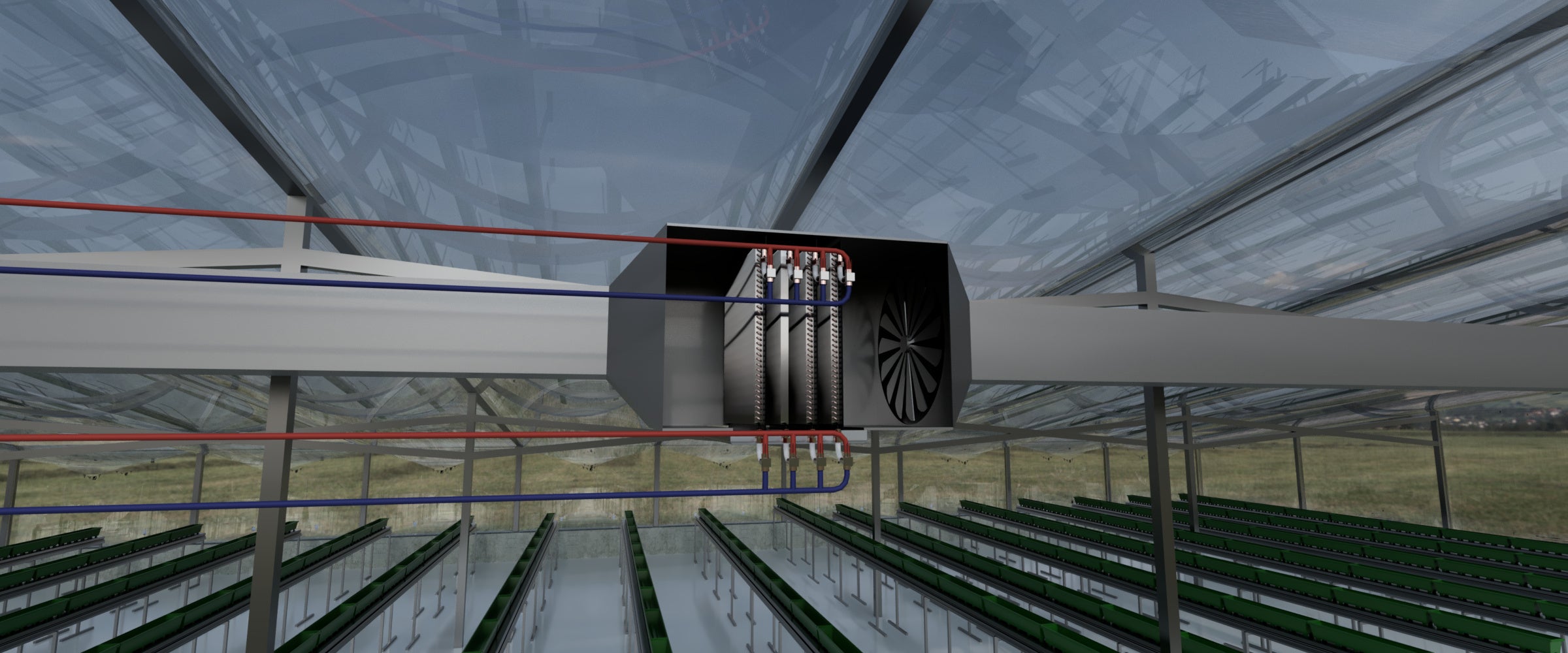 Rendering of a multi-coil hydronic H-HVAC-D unit with removable pressure-washable coils in-line with ducting and installed in a greenhouse